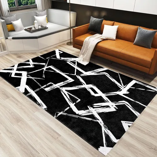 Miniatura 3 de Alfombra de área de líneas geométricas abstractas, patrón geométrico blanco sobre fondo negro, antideslizante, alfombra de área grande, alfombra