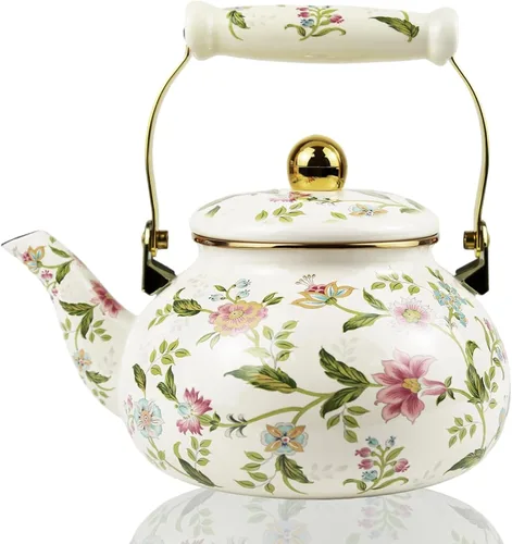 Hervidor de té esmaltado floral bohemio dorado beige tetera vintage boho agua caliente cafetera olla 2.5L porcelana tetera retro cocina decoración