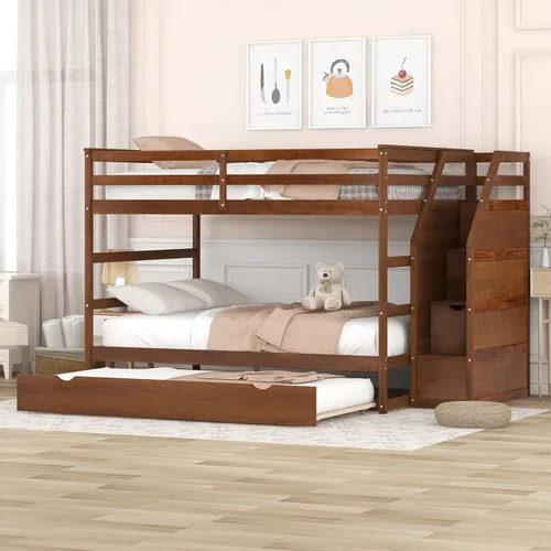 Quarte Moderna litera de tamaño matrimonial sobre matrimonial con cama nido de tamaño individual y 3 escaleras de almacenamiento, litera de madera