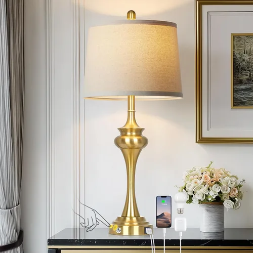 Miniatura 9 de Rinweey Lámpara de mesa plateada de 30 pulgadas individual, lámpara de noche de control táctil de 3 vías con puertos USB A+C, modernas lámparas