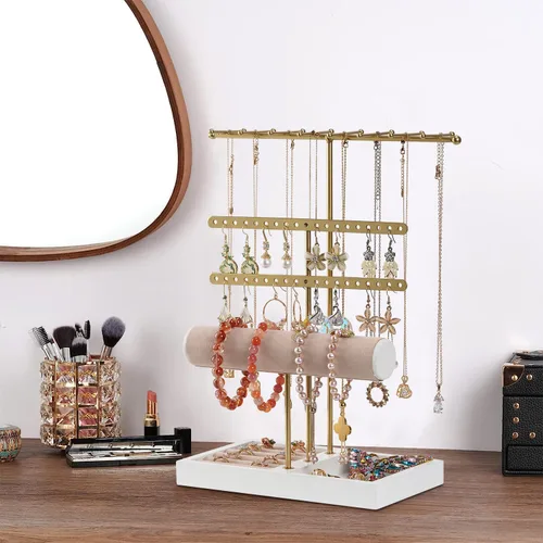Miniatura 6 de JAZUIHA Organizador de joyas de 4 niveles dorado con organizador de collares, aretes, pulsera, caja de anillo, colgador para exhibición