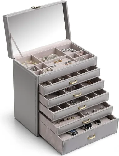 Vlando Enormes cajas de joyería de 6 niveles, aretes de cuero, anillos, collar, organizador de relojes, caja para mujeres, niñas, hombres, armarios,