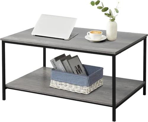 SENIG Mesa de café de 2 niveles con estante de almacenamiento para espacios pequeños, mesa auxiliar rectangular de madera de roble gris y metal
