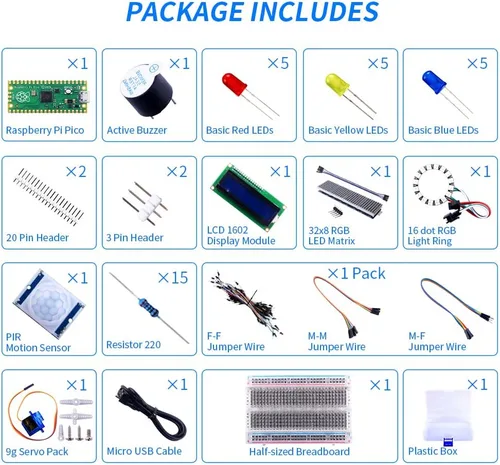 Miniatura 2 de GeeekPi Kit básico de inicio para Raspberry Pi Pico, con Breadboard, módulo de pantalla LCD I2C 1602, servo Mirco de 0.32 oz para principiantes