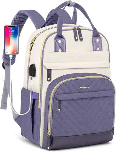 Miniatura 14 de Mochila para laptop para mujer, mochila de viaje de trabajo de 15.6 pulgadas con cargador USB, mochila universitaria impermeable, mochila