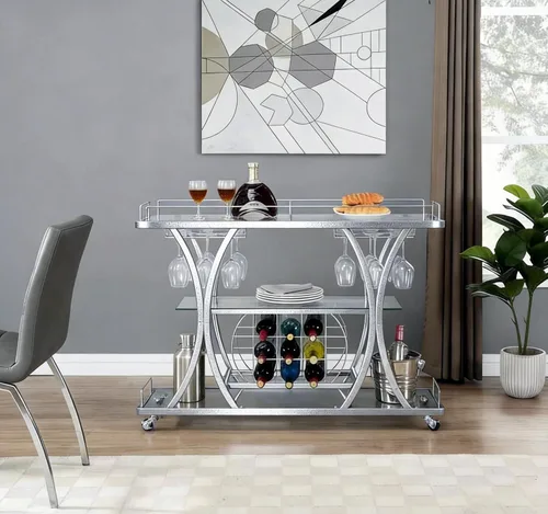 Miniatura 5 de Carritos de barra plateados con soportes de vidrio y estante para vino, carritos de servicio de bar casero de 3 niveles con estantes de vidrio