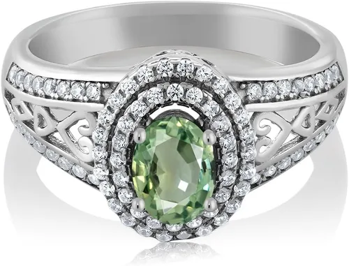 Miniatura 61 de Anillo de compromiso con halo de piedra preciosa y piedra natal en plata chapada en oro amarillo de 18 quilates, ovalado, 0.236 x 0.157 pulgadas