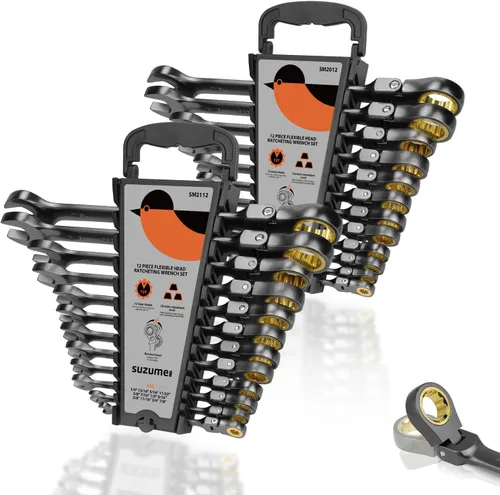 SUZUME Juego de llaves de trinquete métricas y SAE de cabeza flexible de 24 piezas, 72 dientes Cr-V, juego de llaves de trinquete de acero Cr-V con
