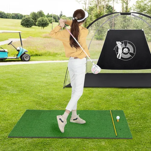 Miniatura 8 de Tangkula Tapete de golf para golpe, tapete de césped artificial para práctica de golf interior/exterior, incluye 2 camisetas de goma y 2 palos