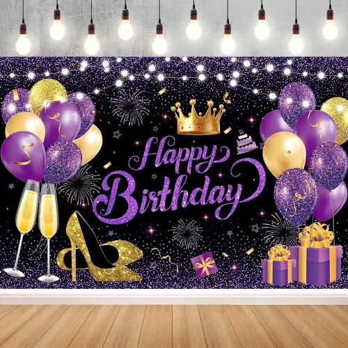 Miniatura 3 de 180x120 cm Púrpura Oro Negro Purpurina Telón de Fondo de Cumpleaños Feliz para Foto de Fiesta, Telón de Fondo de 71x47 Pulgadas Púrpura Oro