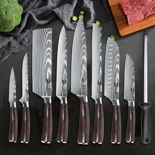 Miniatura 8 de Dfito Juego de cuchillos de chef con bolsa enrollable, juego de 9 piezas de cuchillos profesionales, juego de cuchillos de cocina de acero Rojo