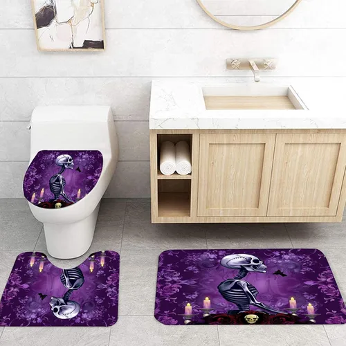 Miniatura 4 de Juego de cortina de ducha y alfombras de Halloween, 4 piezas de calavera de rosa roja con flores de beso de azúcar, decoración de baño de flores