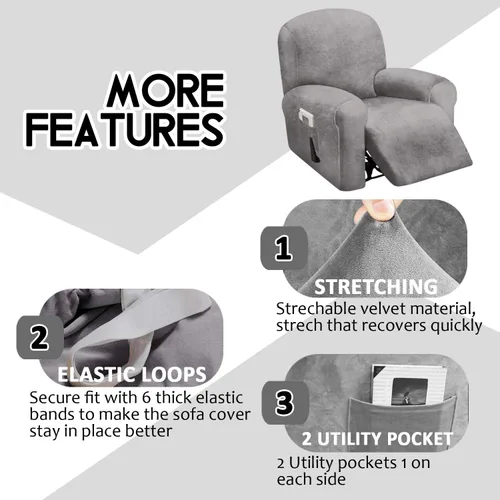 Miniatura 4 de ULTICOR Funda reclinable de terciopelo para sofá reclinable de 4 piezas, 1 asiento, fundas elásticas de terciopelo para sofá reclinable de 1 cojín