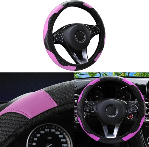 Miniatura 14 de Funda para volante de automóvil, microfibra de fibra de carbono de 15 pulgadas, antideslizante, transpirable, protector elástico para volante