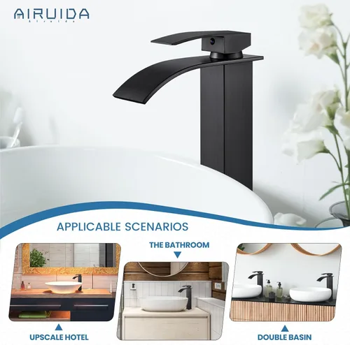 Miniatura 5 de Airuida Grifo de lavabo de recipiente alto, cascada de un solo agujero, grifo de baño, grifo mezclador de un solo agujero, grifo de lavabo