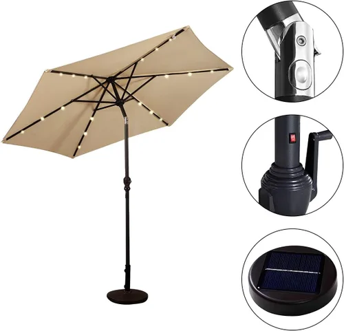 Miniatura 5 de HAPPYGRILL Paraguas de patio con luces solares, sombrilla de mesa al aire libre con manivela inclinable para mercado, jardín, patio, piscina Beige