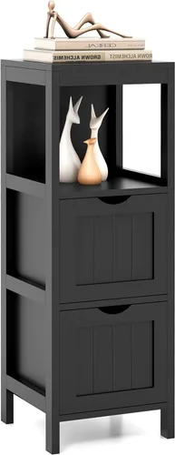 Tangkula Armario de almacenamiento de baño pequeño con 2 cajones extraíbles, armario de piso independiente de madera para baño, dispositivo Negro