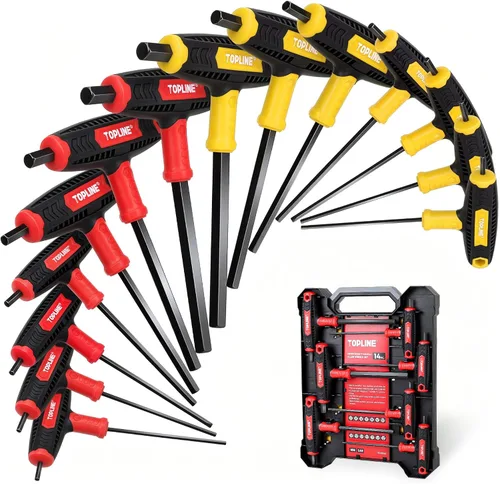 Topline Juego de llaves Allen de 14 piezas, mango en T métrico y SAE, juego de llaves hexagonales de brazo largo con caja de almacenamiento, juego