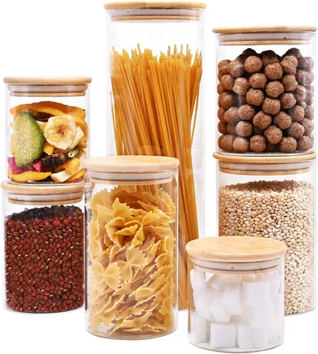 Miniatura 23 de SHOWIN Tarros de almacenamiento de pasta de vidrio de 73 onzas, tarros altos de vidrio con tapas de bambú, contenedor de espagueti, juego de 3