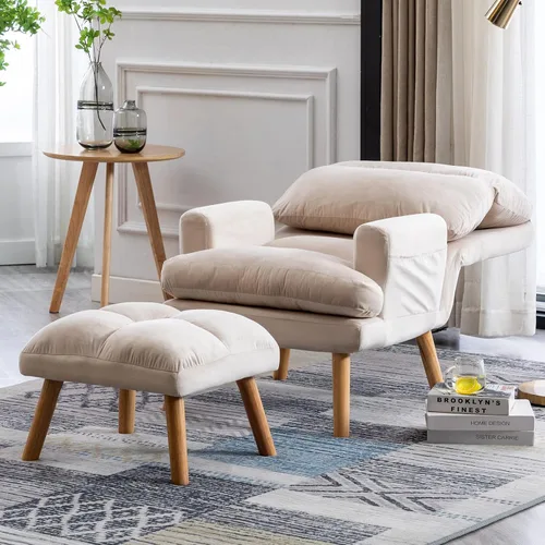 Miniatura 7 de CANMOV Silla decorativa moderna con otomana, sillón de tela suave con respaldo ajustable y bolsillos laterales, cómoda silla de descanso para sala