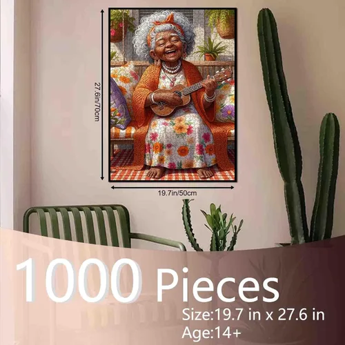 Miniatura 2 de Rompecabezas de 1000 piezas de anciana afroamericana para adultos, abuela tocando la guitarra, rompecabezas para actividades familiares desafiantes