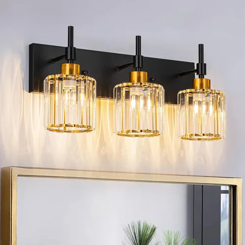 Miniatura 9 de Lámparas de baño doradas, 2 lámparas de tocador de cristal para baño, luces modernas de latón sobre espejo