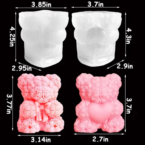 Miniatura 2 de Paquete de 2 moldes de velas de oso de rosas 3D, moldes de silicona para el día de San Valentín, pinte su propio corazón o vela de oso de rosa