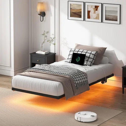 Miniatura 9 de YORMDMO Base de cama flotante tamaño individual, marco de cama resistente con luces LED inteligentes y estación de carga, cama moderna de plataforma