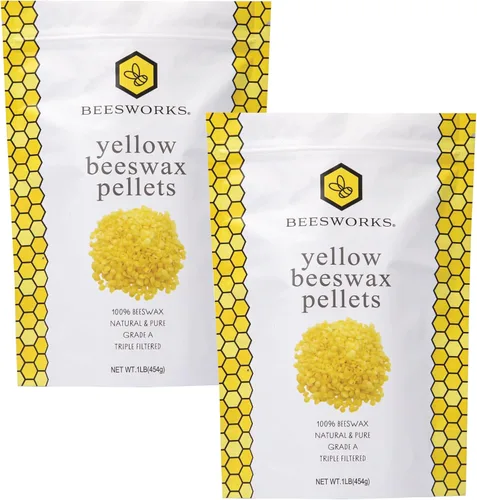 Beesworks- Paquete de 2 - Pellets de cera de abejas amarilla 1LB - (2 LBS Total) - Calidad 100% Pura, Grado-Premium cosmético, para muchos usos