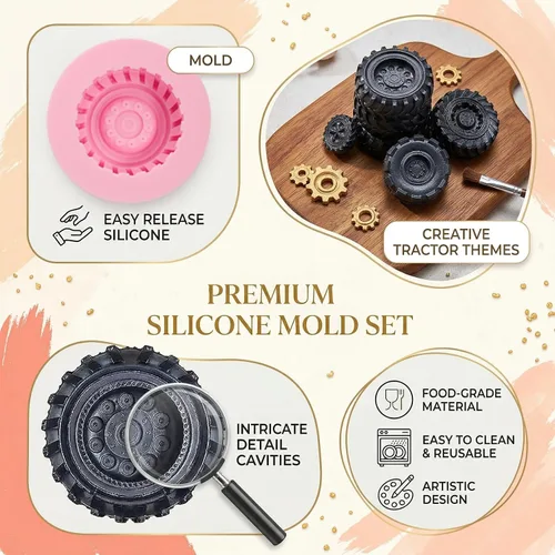 Miniatura 5 de Molde redondo 3D para fondant para neumáticos, moldes de silicona para rueda de camión, 4 piezas, para decoración de pasteles, proceso de azúcar