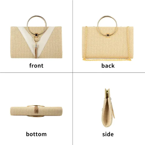 Miniatura 4 de GripIt Bolsos de paja para mujer bolso de playa bohemio tejido con borla para novia bolso de mano para mujer bolso de verano con asa superior