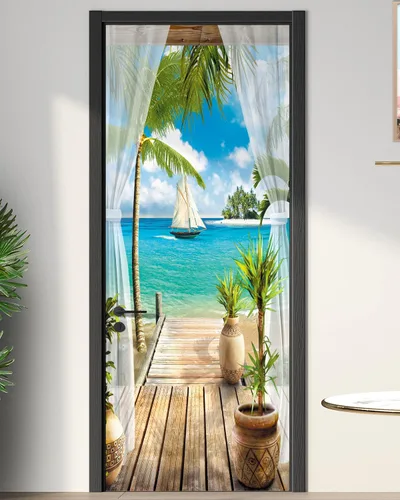 Miniatura 26 de FLFK Adhesivo de puerta - Playa y palmera, mural de pelar y pegar, tamaño combinado 36"x80", dividido en 2 piezas Mt2219