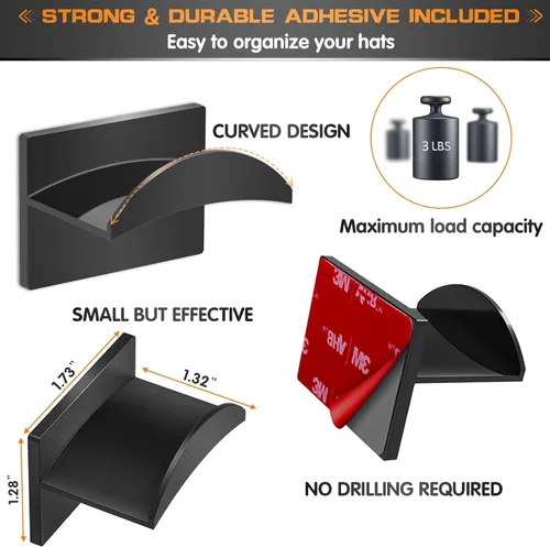 Miniatura 3 de Ganchos adhesivos para pared (12 unidades) - Estantes para sombreros de béisbol, diseño minimalista de estante para sombreros, colgadores