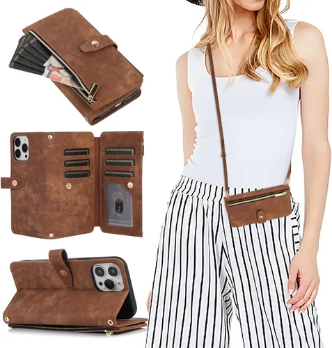 Miniatura 11 de Compatible con iPhone 13 Pro Max - Funda cruzada para mujeres y niñas, bolso de mano con tarjetero con cremallera, tapa y correa de hombro de piel