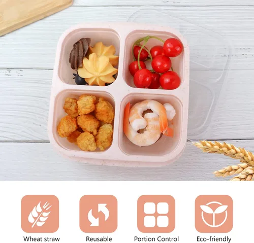 Miniatura 2 de Finorder Paquete de 6 recipientes para aperitivos, fibra de paja de trigo con 4 compartimentos, lonchera Bento reutilizable, contenedores