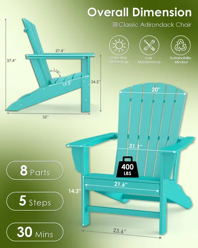 Miniatura 3 de GREENVINES Juego de 4 sillas Adirondack Plástico de polietileno de alta densidad Silla para hoguera de gran tamaño Todo tipo de clima Aqua
