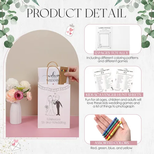 Miniatura 3 de Gueevin 48 piezas de actividades de boda para niños, libros para colorear empaquetados individualmente, libros para colorear de boda, bolsas