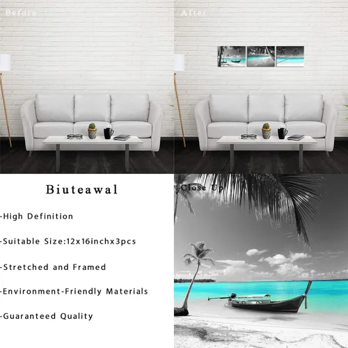 Miniatura 6 de Biuteawal 3 piezas de lienzo de playa en blanco y negro para pared, imágenes de paisaje marino turquesa, palmera tropical, velero, pintura, obras