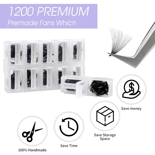 Miniatura 2 de Extensiones de pestañas postizas prefabricadas en abanico de WENDY LASHES, 1200 piezas, con volumen, rizado D, raíces cortas, base puntiaguda, 20D