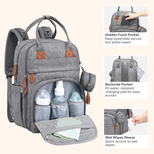 Miniatura 6 de BabbleRoo - Mochila para pañales - Bolso de viaje con artículos esenciales para bebés - Mochila multifuncional resistente al agua, bolso de viaje