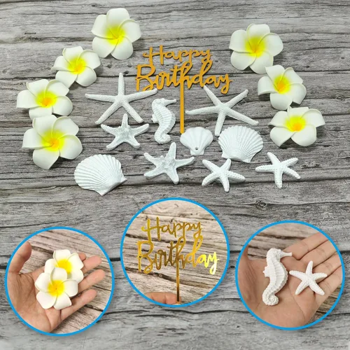 Miniatura 3 de 21 piezas de decoración de pastel de flores hawaianas para pastel de playa con estrellas de mar artificiales de plumeria para Hawaii Aloha tema