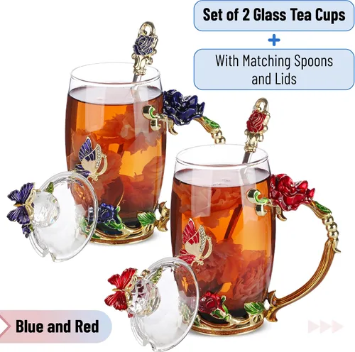 Miniatura 2 de BTAT - Juego de tazas de té de vidrio floral con cuchara y tapa, paquete de 2, 11 onzas, azul y rojo, diseño de mariposa y flor con caja de regalo