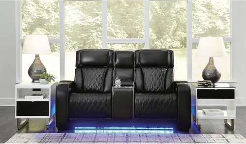 Signature Design by Ashley Boyington Modern Leather Match Loveseat Reclinable Eléctrico con Consola, Reposacabezas Ajustable, Masaje, Asiento con