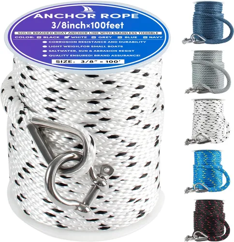 Miniatura 45 de Cuerda de anclaje premium de 100 pies x 3/8 pulgadas, cuerda marina de línea de anclaje MFP trenzada sólida con dedal y grillete, color negro