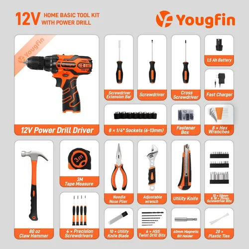 Miniatura 2 de Kit de herramientas YOUGFIN con taladro de 12V, juego de herramientas para el hogar con taladro inalámbrico para hombres, caja de herramientas