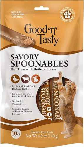Miniatura 10 de Good 'n' Tasty Cucharas sabrosas con pato real, carne de res y conejo, tubo de 6 unidades, golosinas húmedas exprimibles de triple sabor para gatos