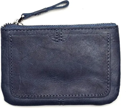 Miniatura 8 de Monedero de cuero genuino para mujeres y hombres, estilo vintage, cuero de grano de vacuno, delgado, minitarjetero con cremallera de metal con asa