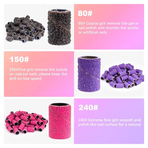 Miniatura 4 de Bandas de lijado para taladro de uñas, 210 unidades, bandas de lijado, brocas gruesas finas #80#150#240 con broca de mandril de 3/32 pulgadas