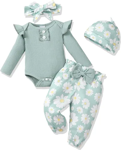 Miniatura 98 de Renotemy Conjunto de ropa para bebé recién nacida, mameluco con volantes, pantalones florales, lindo conjunto de ropa para bebé niña