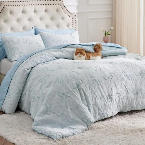 Miniatura 3 de Bedsure - Juego de edredón individual/King, juego de cama bohemio azul polvo capitoné, 3D, tipo jacquard, 2 piezas: 1 edredón estilo rústico chic